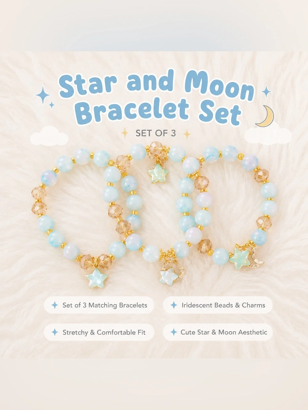 Star and Moon Kids Bracelet Set - Blue Iridescent (Set of 3)